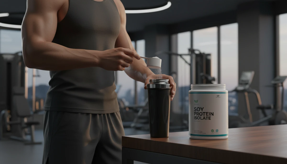 Man preparing a soy protein shake in a gym