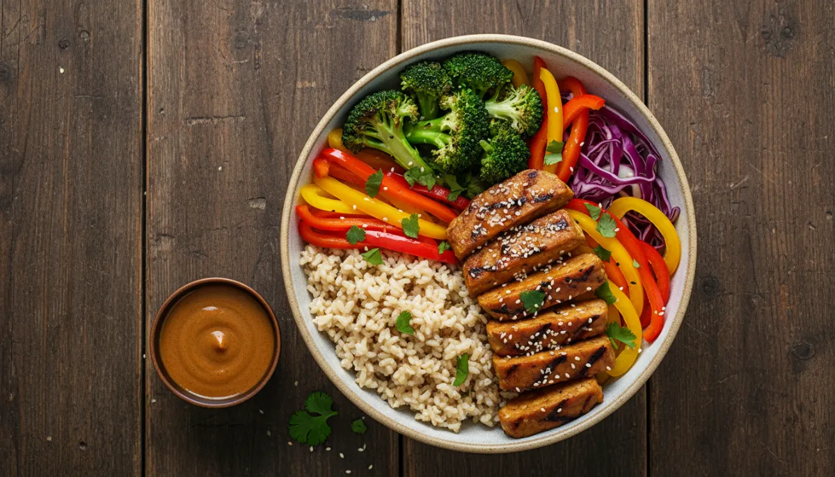 Healthy meal with grilled tempeh and vegetables