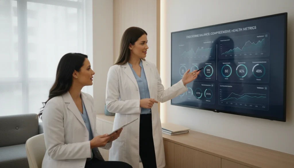 [A professional clinical photo of a woman in a consultation room discussing health metrics, soft ambient lighting, high-fidelity, representing women's health and endocrine balance]