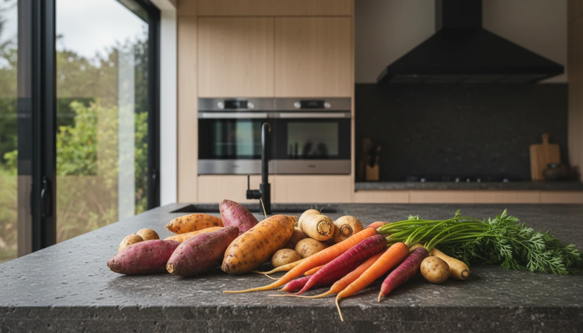 Assorted New Zealand root vegetables on a stone countertop
