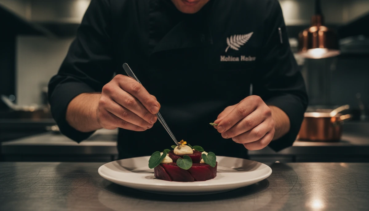 Plating a sophisticated plant-based dish in a New Zealand restaurant