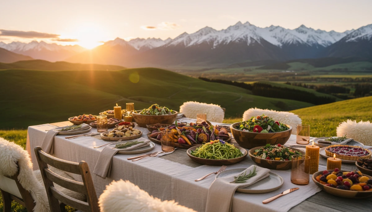 Outdoor plant-based feast with New Zealand landscape background
