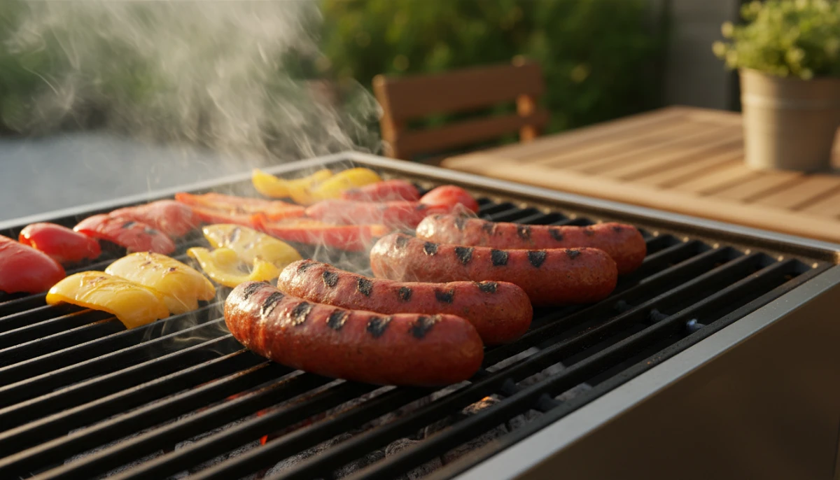 Close up of plant-based sausages on a grill