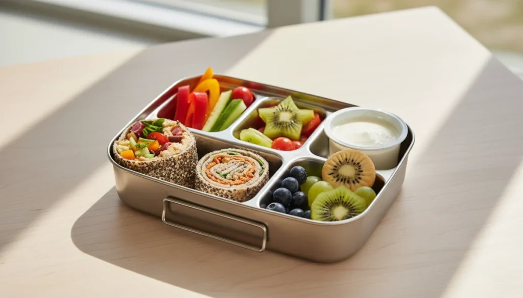 A high-fidelity photo of a modern, organized New Zealand school lunchbox featuring stainless steel compartments filled with colorful vegetables, a seed-based wrap, and fresh fruit on a light wooden table.