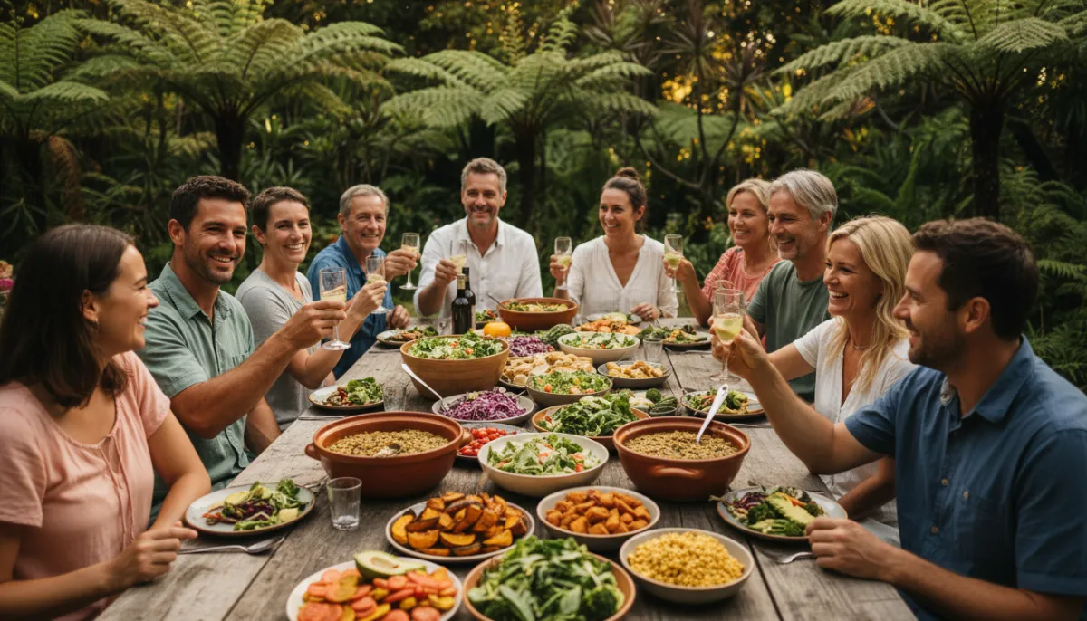 A vibrant New Zealand garden party with various plant-based dishes displayed on a rustic table.