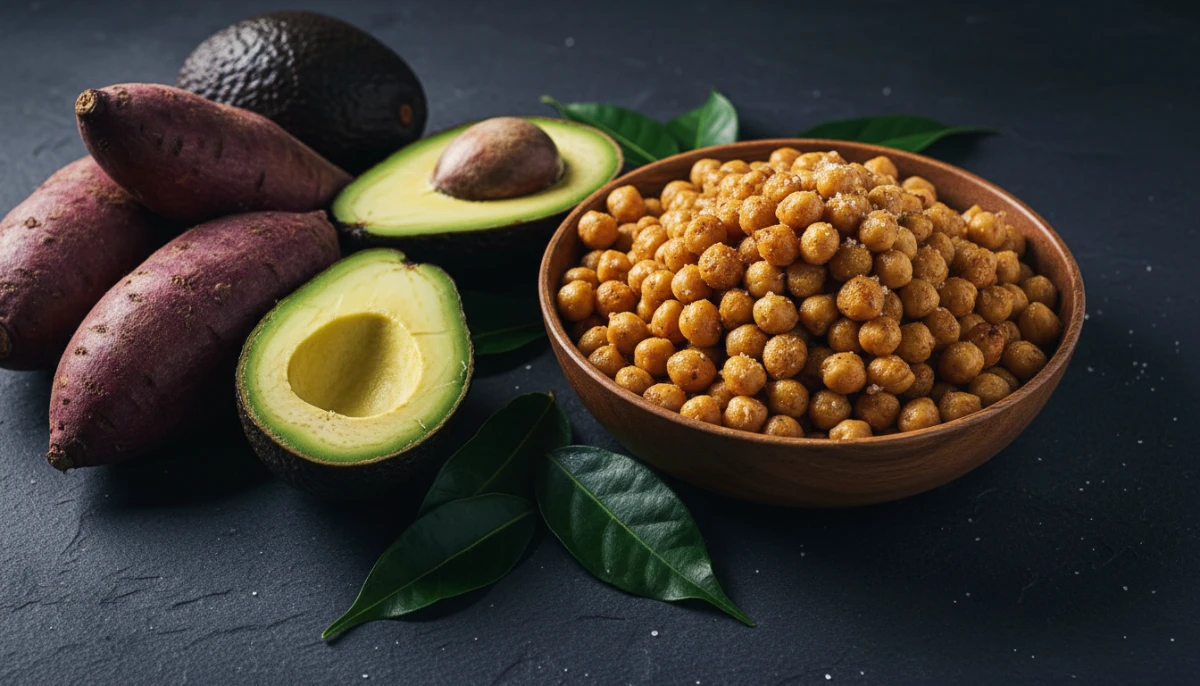 A flat lay of fresh New Zealand ingredients including Kumara, avocados, and native herbs.