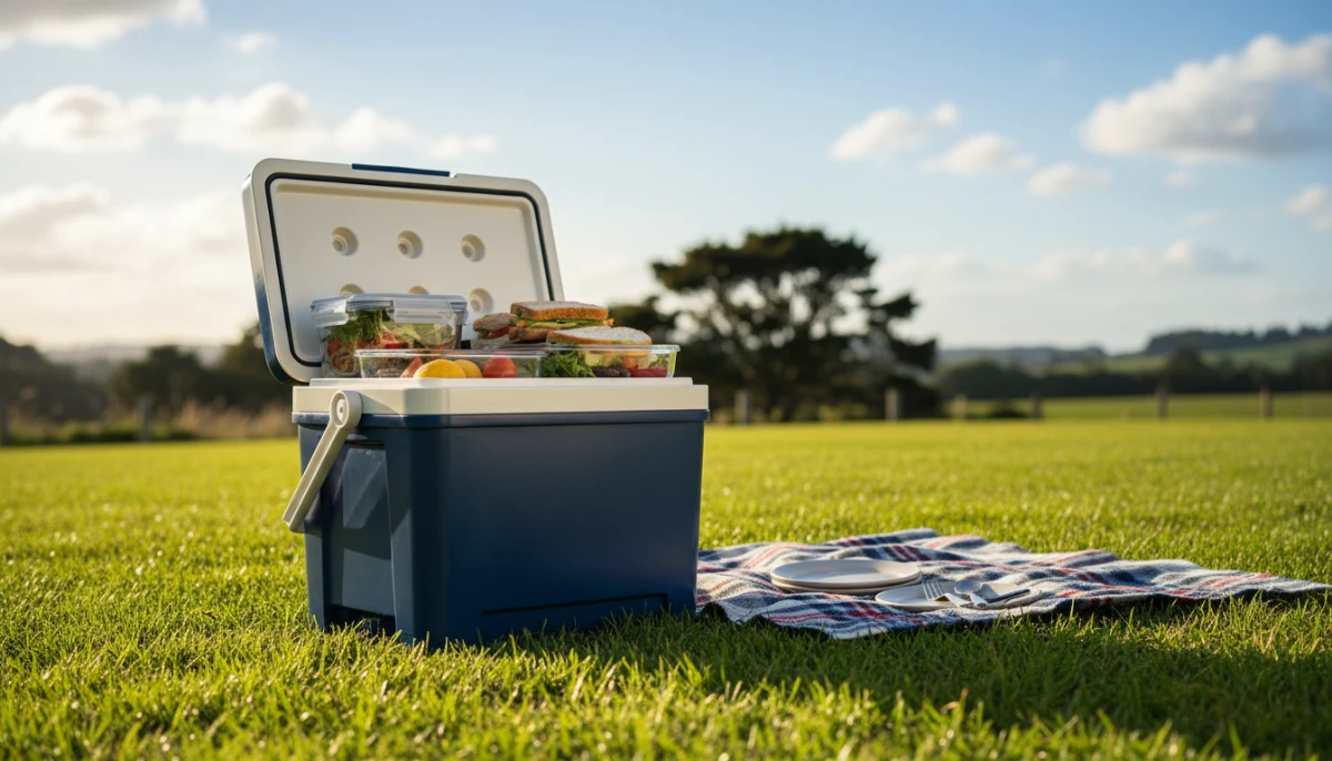 A classic Kiwi chilly bin prepared for a potluck gathering with various food containers.