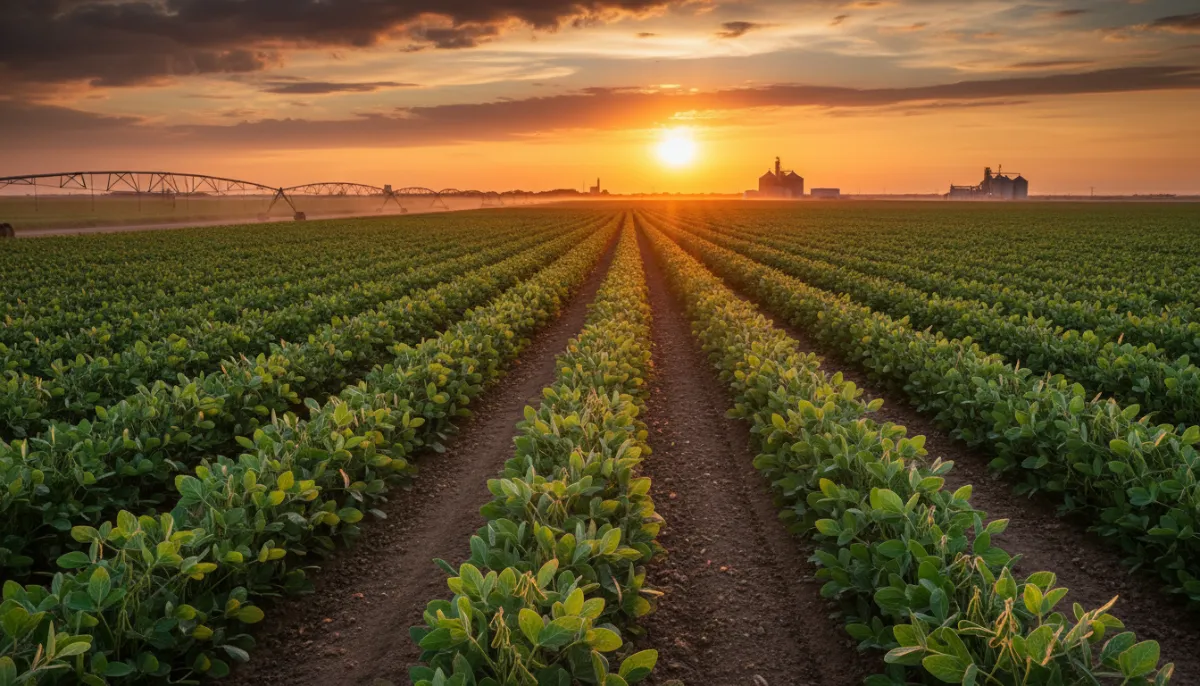 Vast soybean plantation at sunset