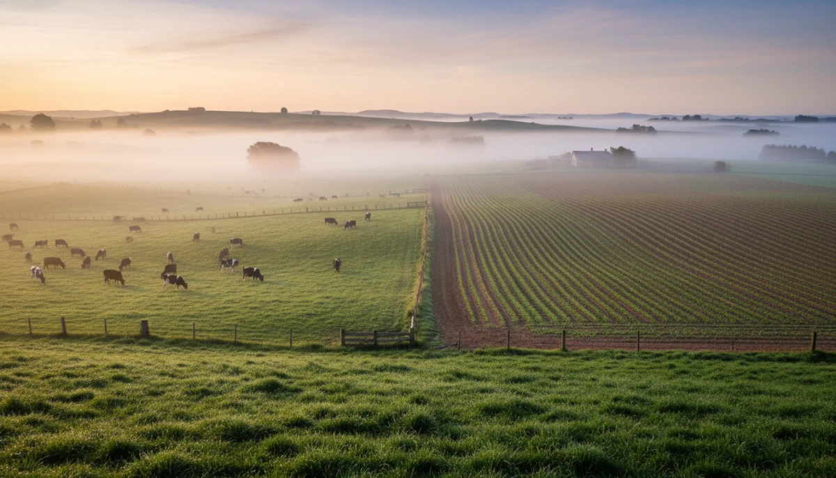 New Zealand landscape comparing dairy pasture and crop fields