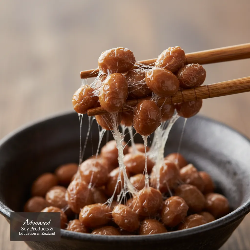 Close up of fermented natto beans showing stringy texture rich in probiotics