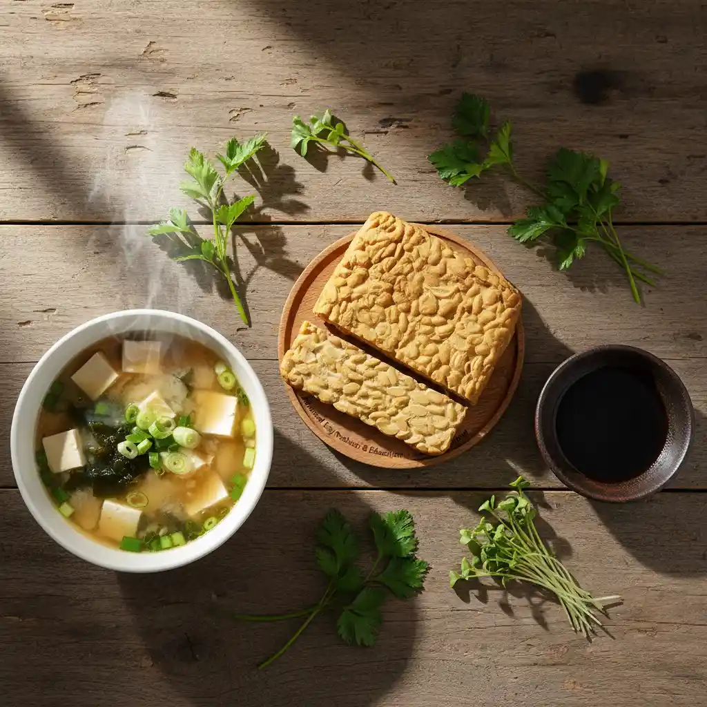 Assortment of fermented soy products including tempeh and miso