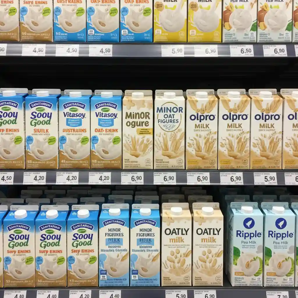 Comparison of soy milk and oat milk prices on a New Zealand supermarket shelf