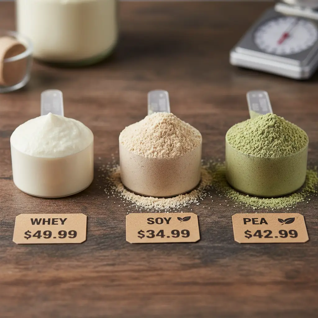 Comparison of whey, soy, and pea protein powder textures and colors