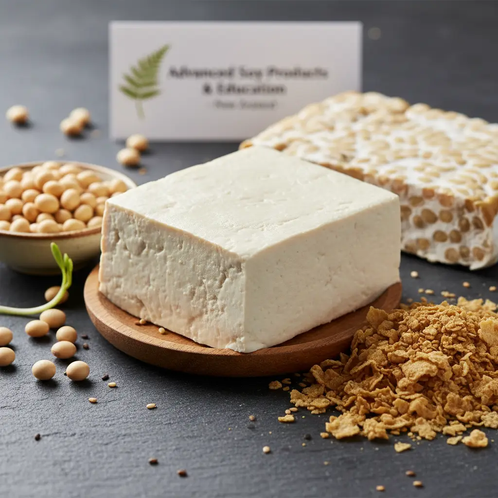 Assorted soy products including tofu, tempeh, and soybeans