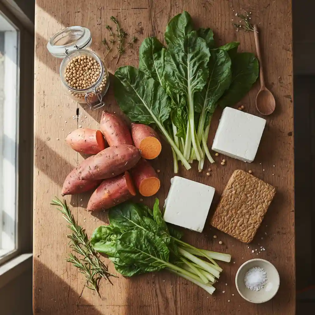 Ingredients for cheap plant based meals NZ including tofu and seasonal vegetables