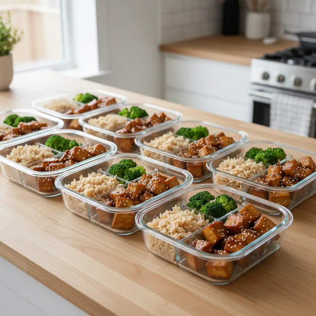 Meal prep containers with cheap plant based meals NZ featuring tofu and rice