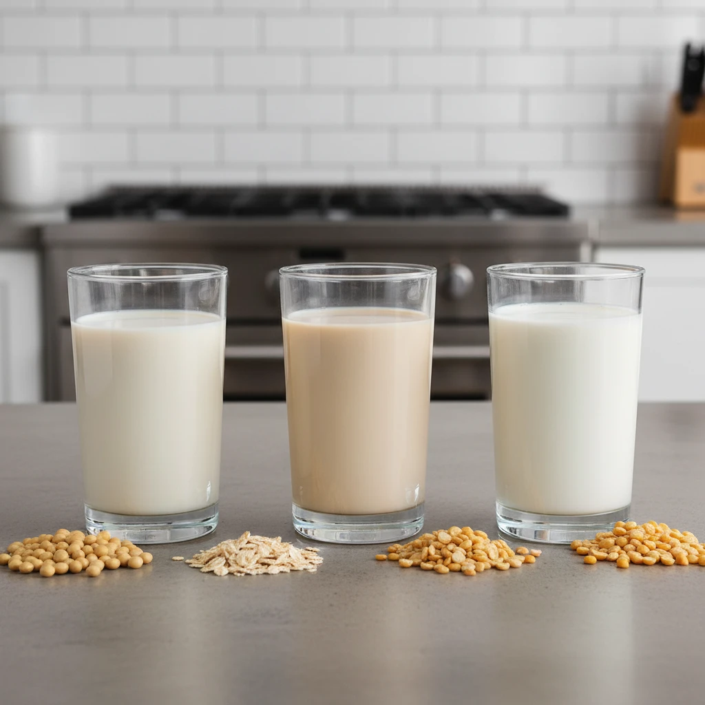 Comparison of Soy, Oat, and Pea Milk glasses with raw ingredients