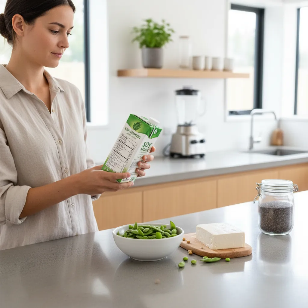 Reading nutrition labels on soy products in a kitchen