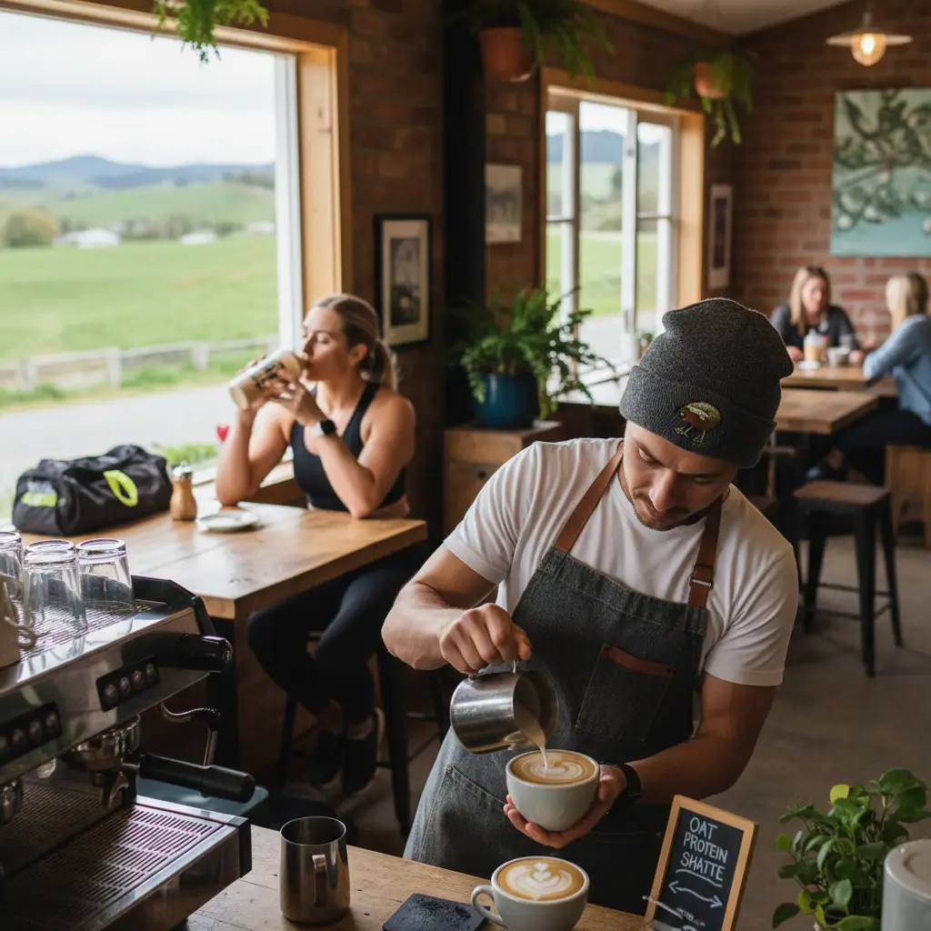 Barista pouring oat milk latte and athlete drinking soy shake
