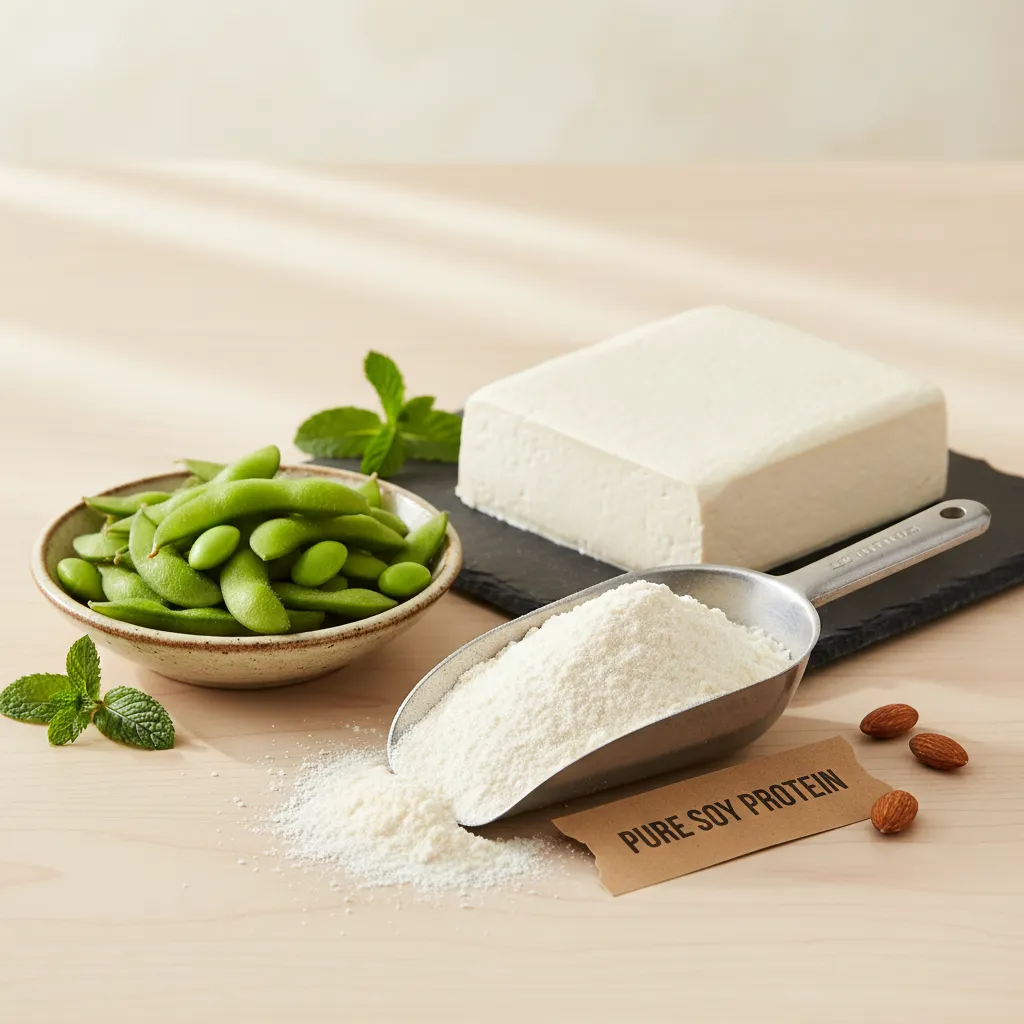 Assortment of soy protein sources including edamame, tofu, and protein powder