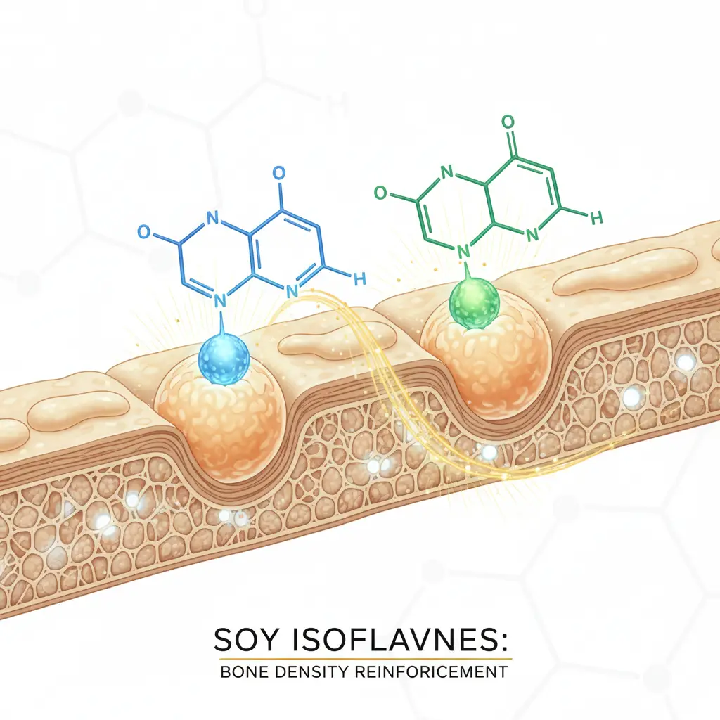Scientific illustration of soy isoflavones supporting bone density