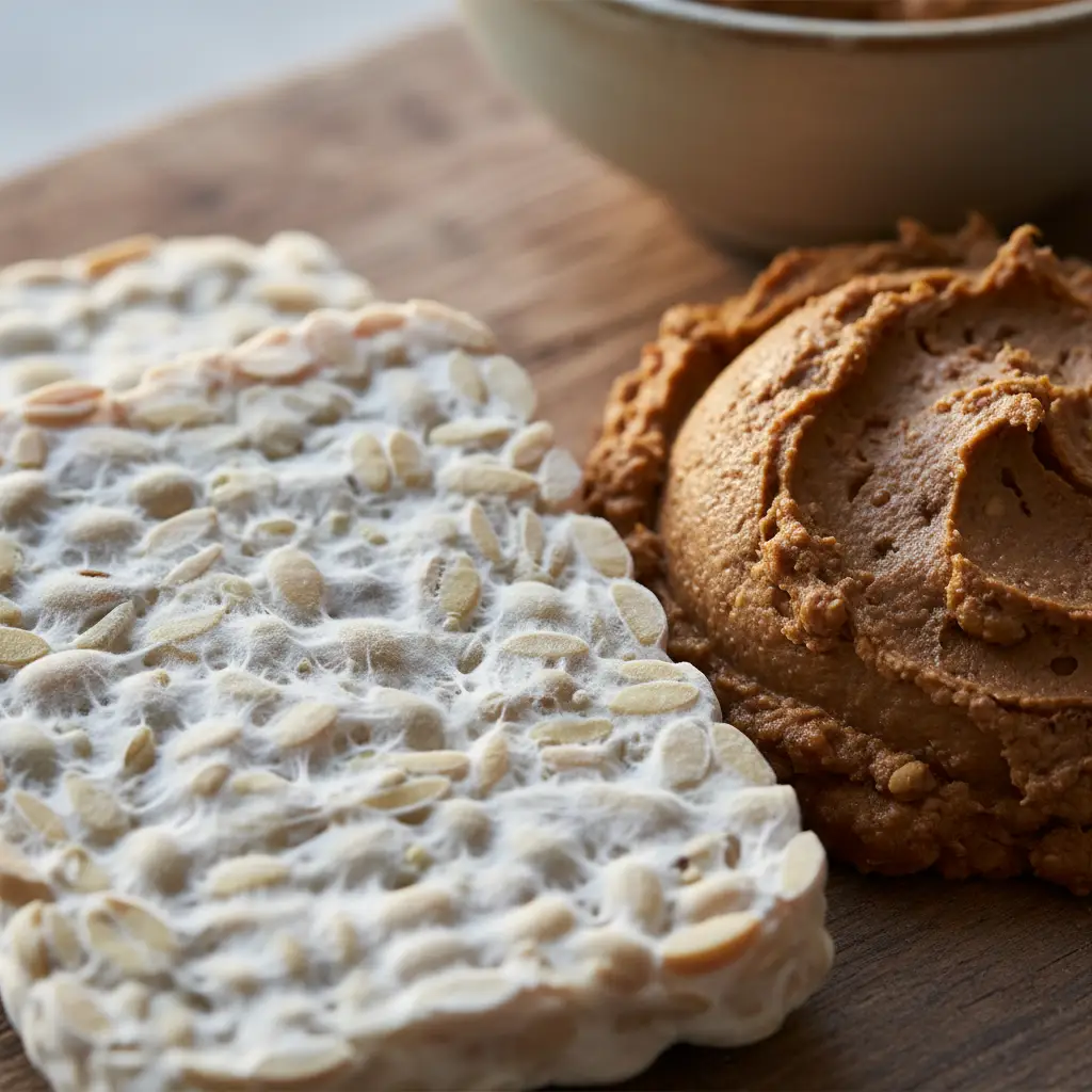 Close up of fermented soy products tempeh and miso