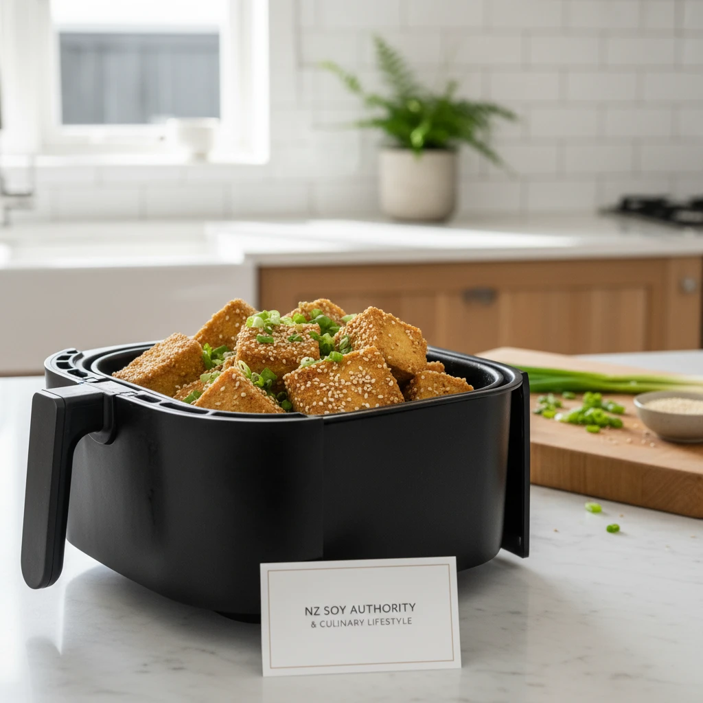 Tofu cubes coated in cornflour ready for air frying