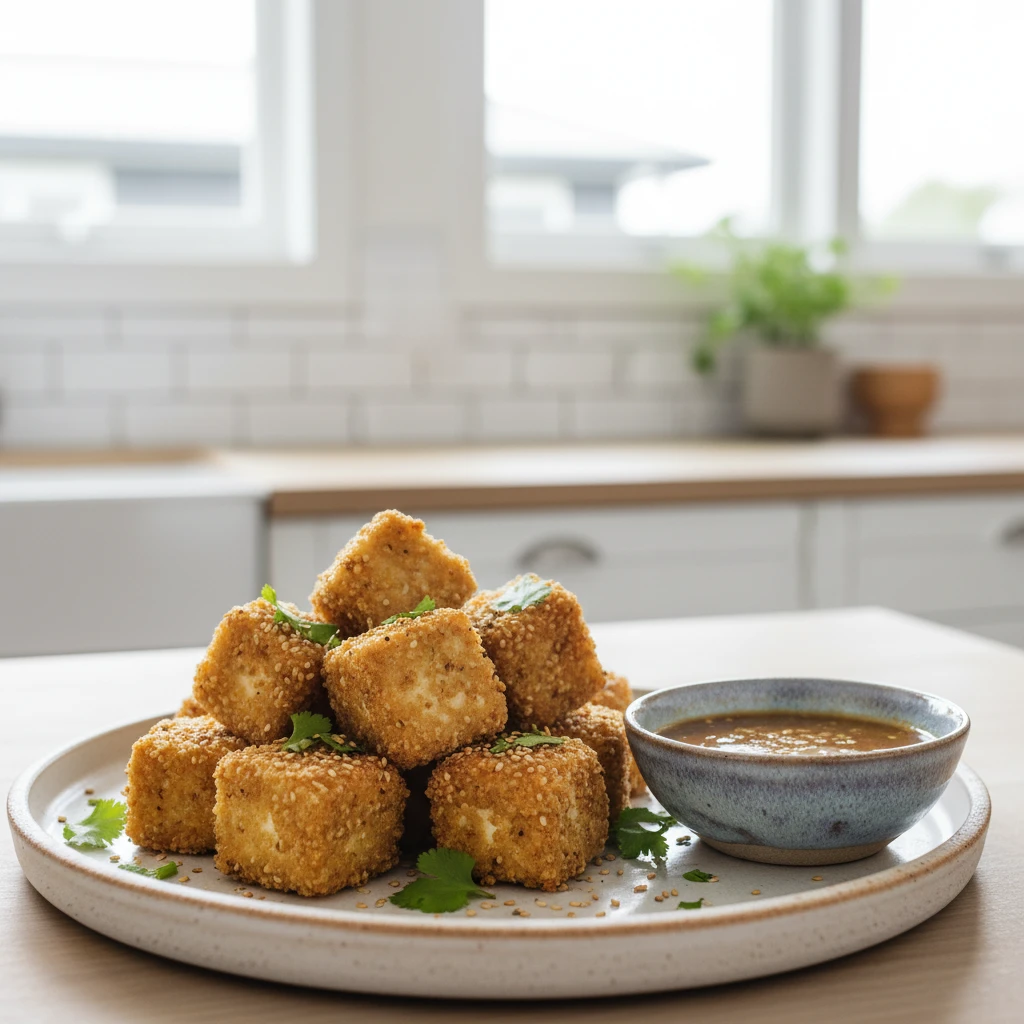 Perfectly cooked crispy tofu in air fryer basket