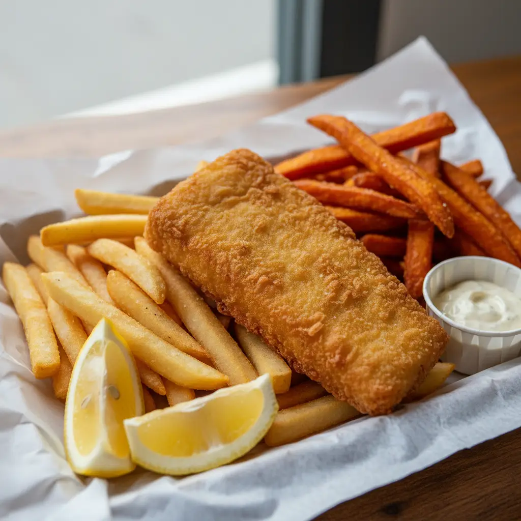 Plant-based tofu fish and chips with kumara fries