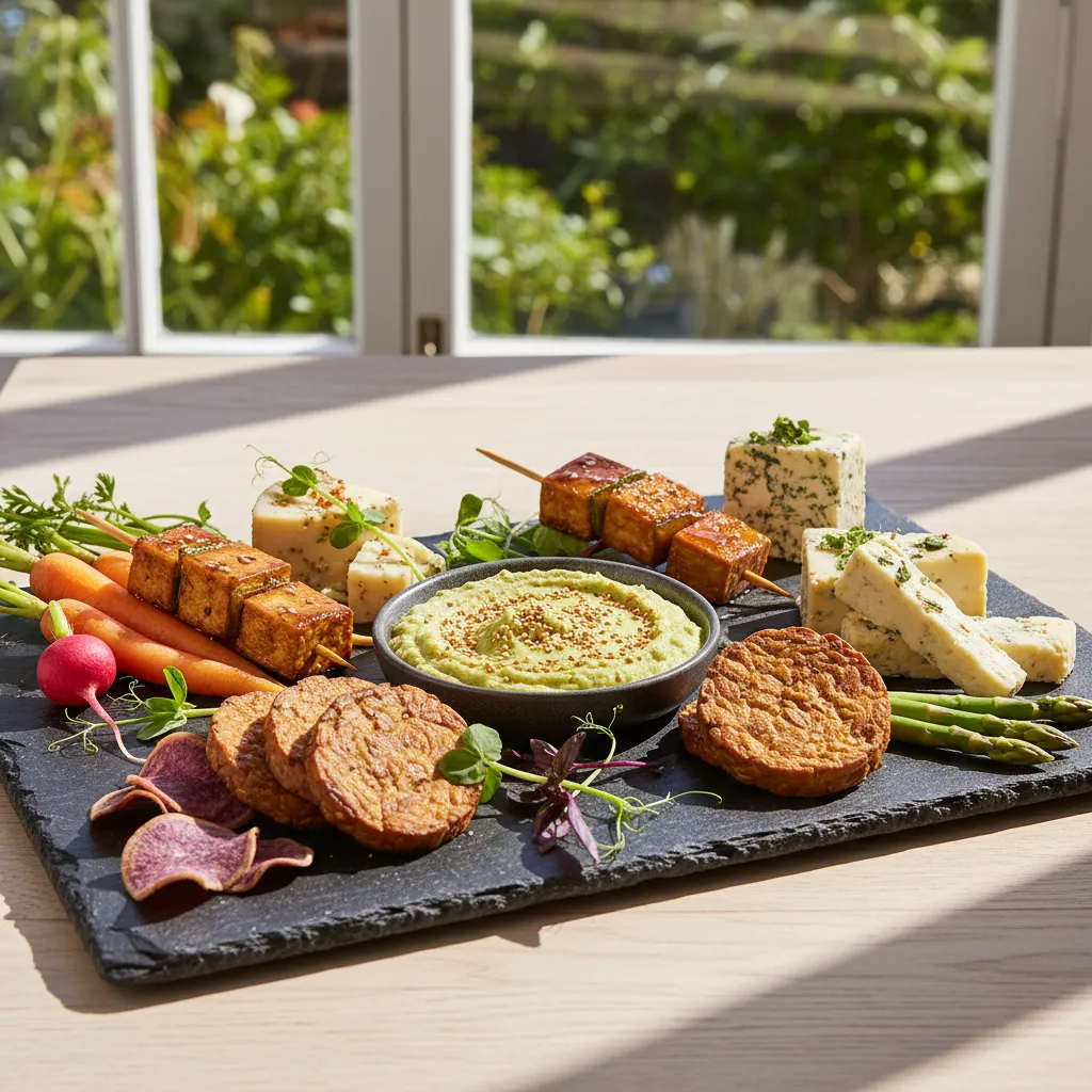 Modern plant-based grazing platter with soy delicacies