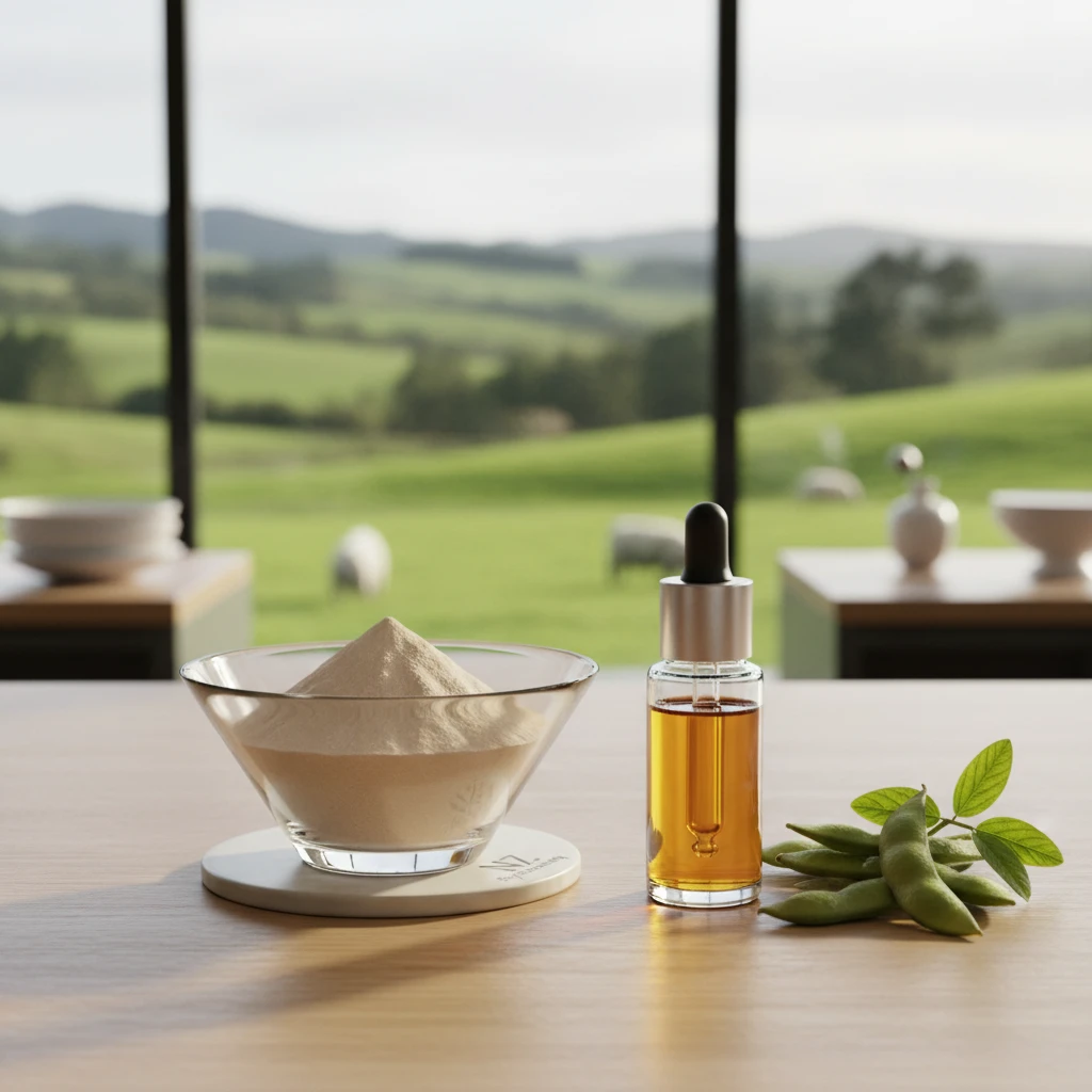 Scientific illustration of protein hydrolysis showing long soy protein chains breaking down into smaller peptides and amino acids