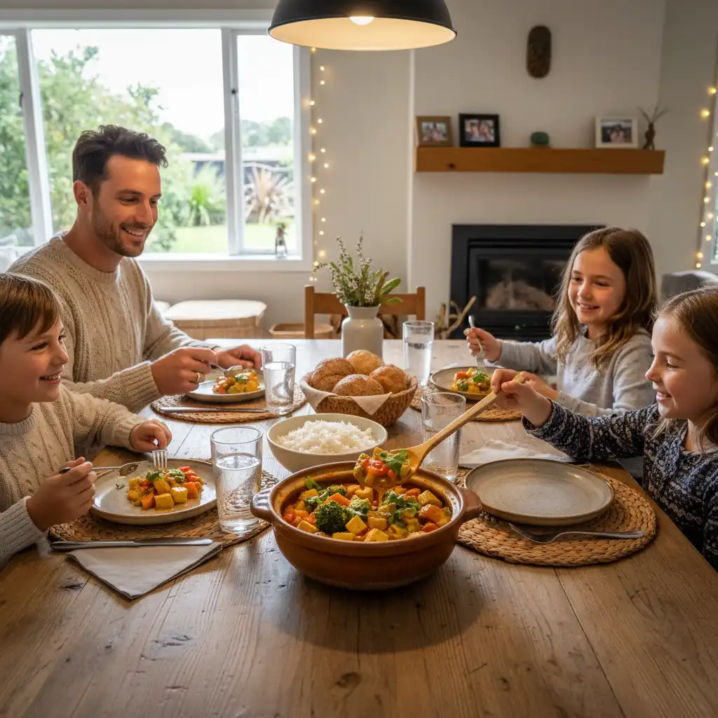 New Zealand family enjoying a budget-friendly soy meal together