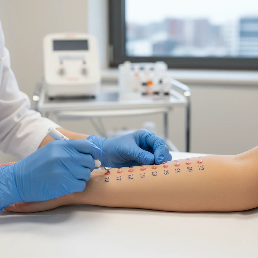 Allergist performing a skin prick test for diagnosis