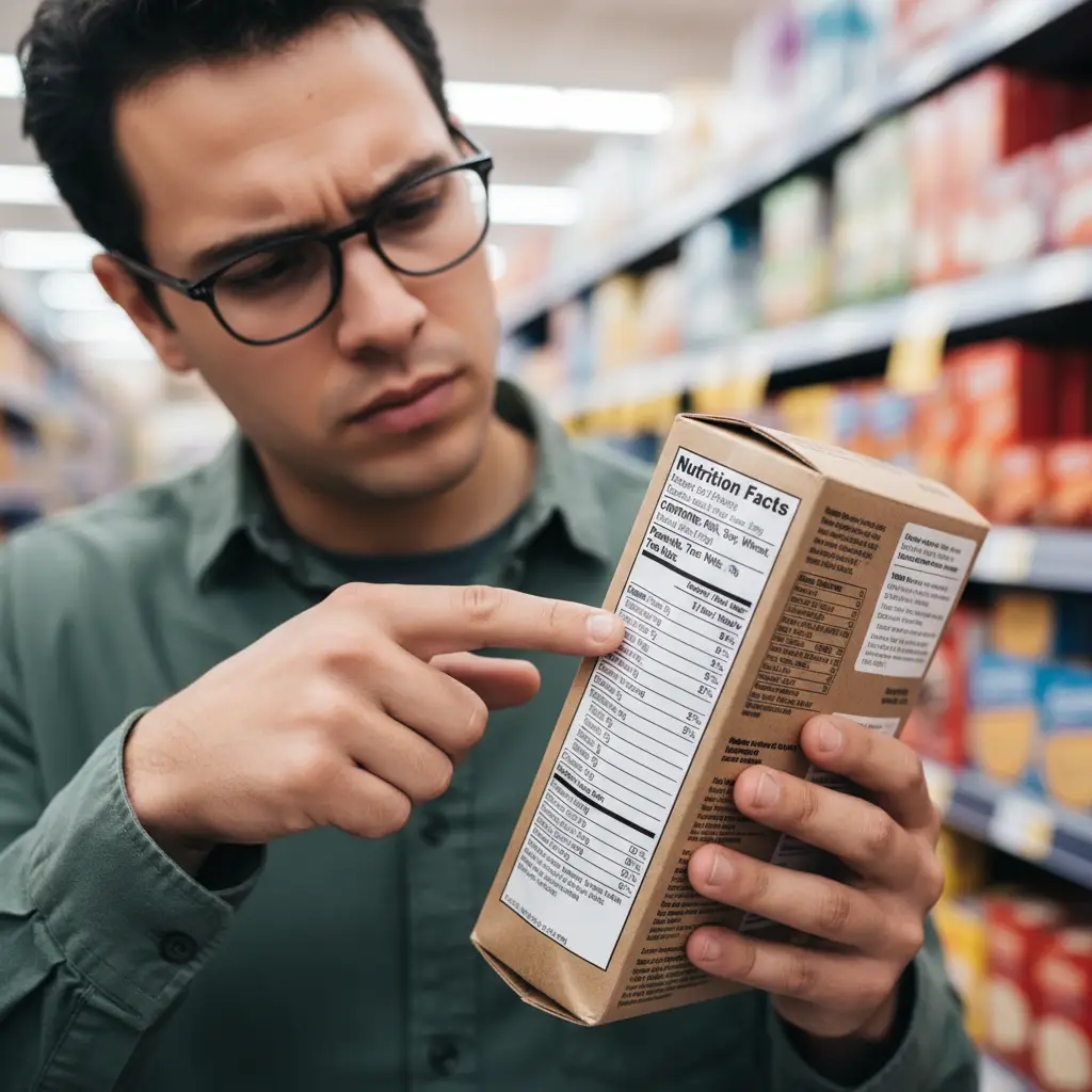 Shopper checking food labels for allergens