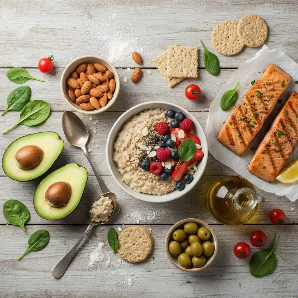 Selection of heart-healthy foods rich in good fats and fiber