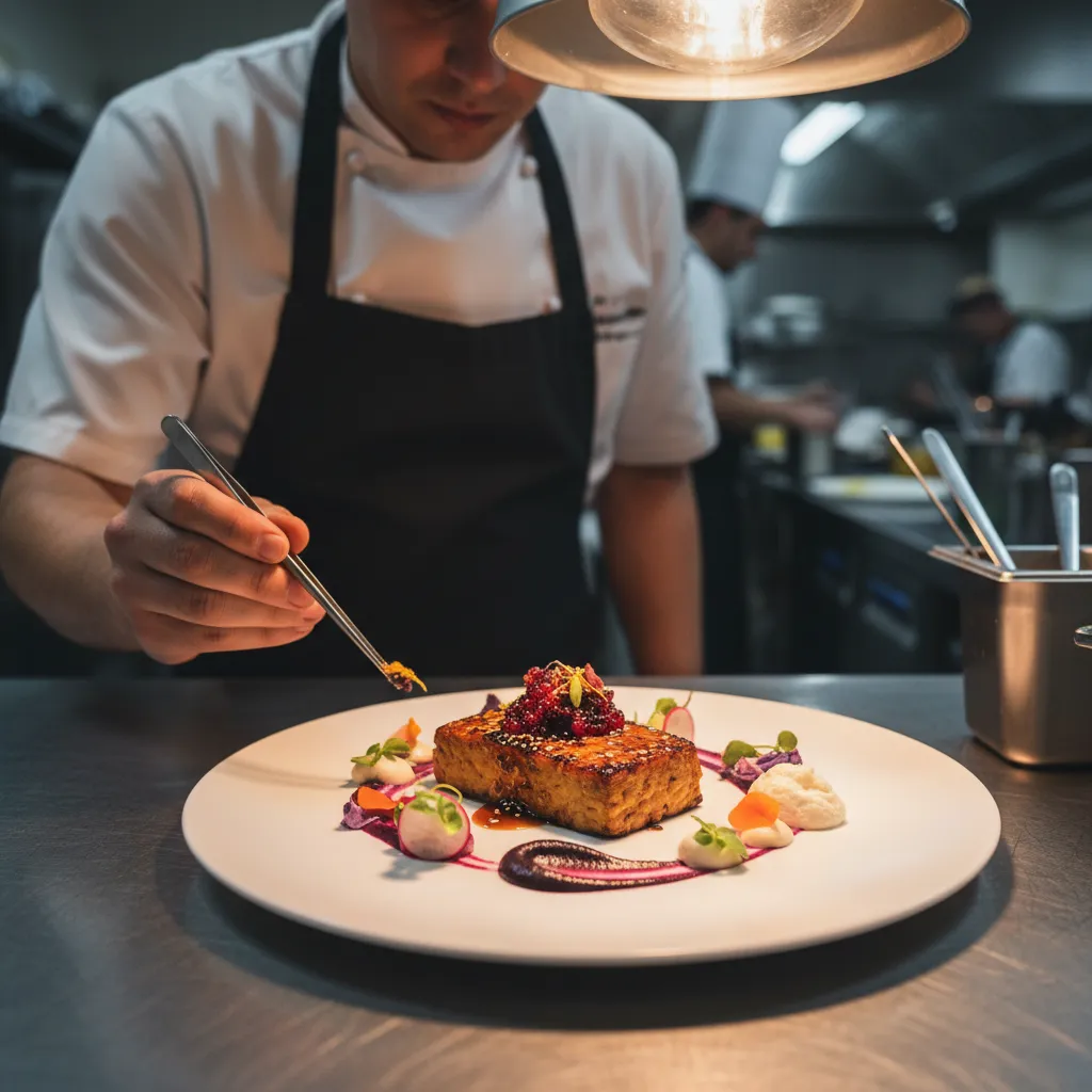 Chef plating a gourmet soy-based dish in Auckland