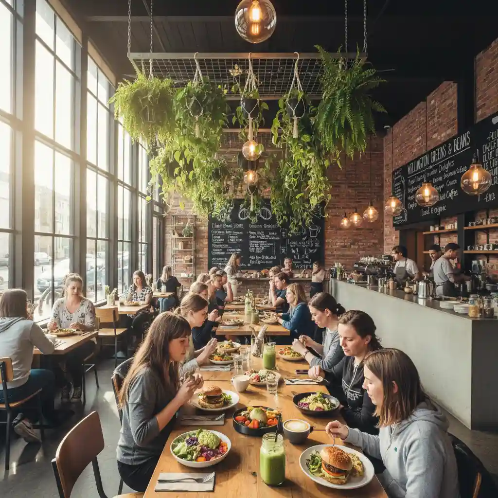 Interior of a popular modern vegan cafe in Wellington