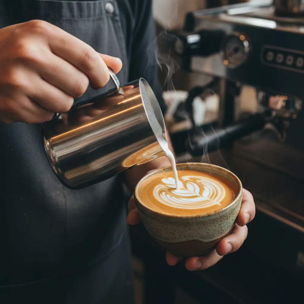 Barista pouring professional latte art with soy milk in a Wellington cafe