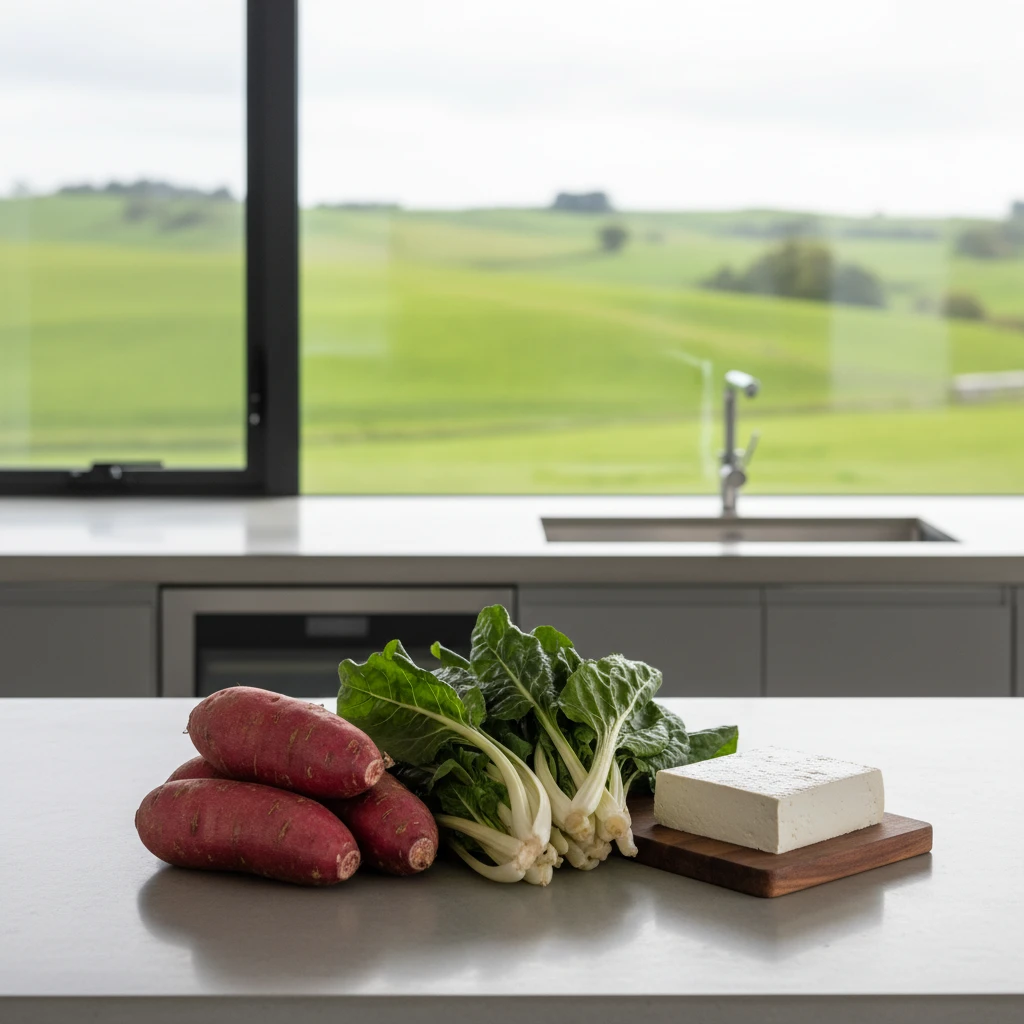 Fresh New Zealand produce alongside soy ingredients in a modern kitchen