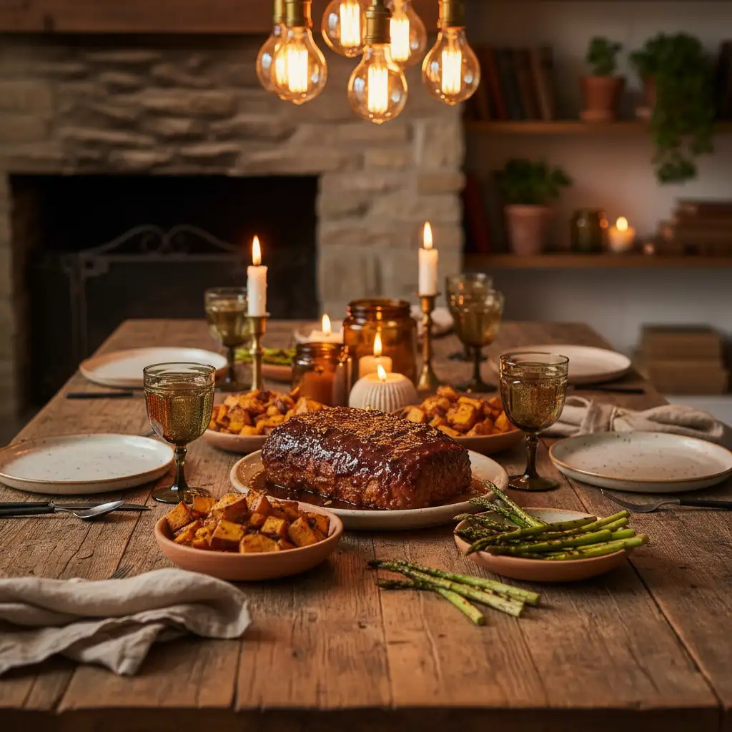 Soy-glazed tempeh roast dinner setting