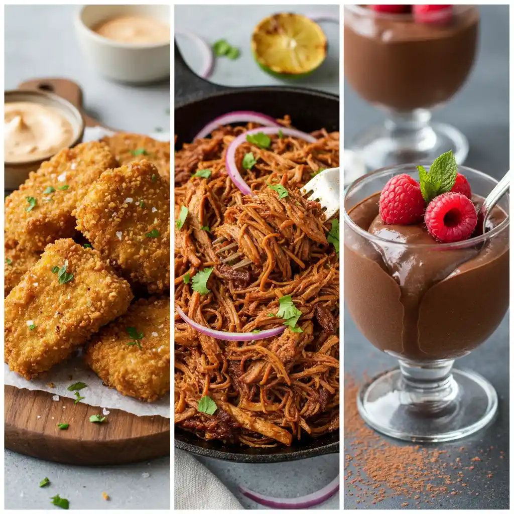 Collage of viral tofu textures including crispy nuggets, shredded tofu, and chocolate mousse