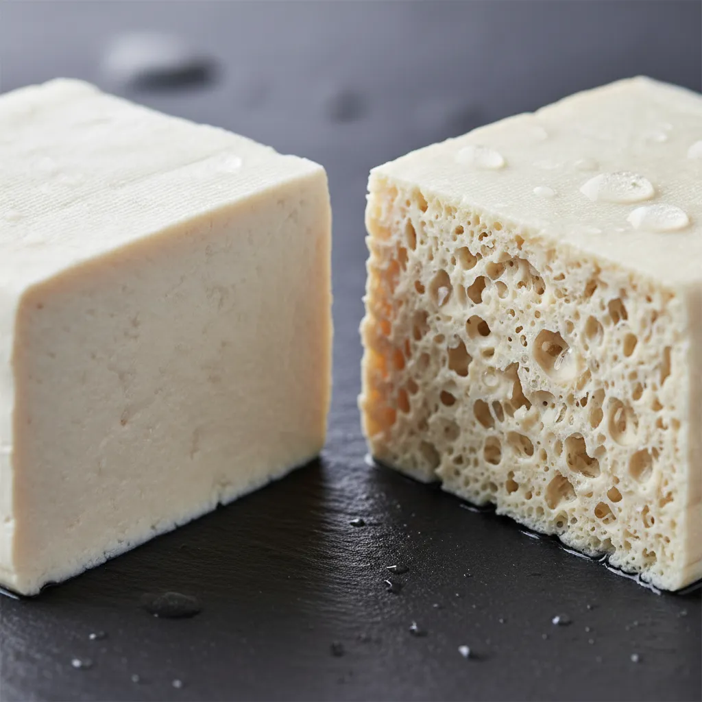 Macro comparison of fresh smooth tofu vs porous frozen honeycomb tofu