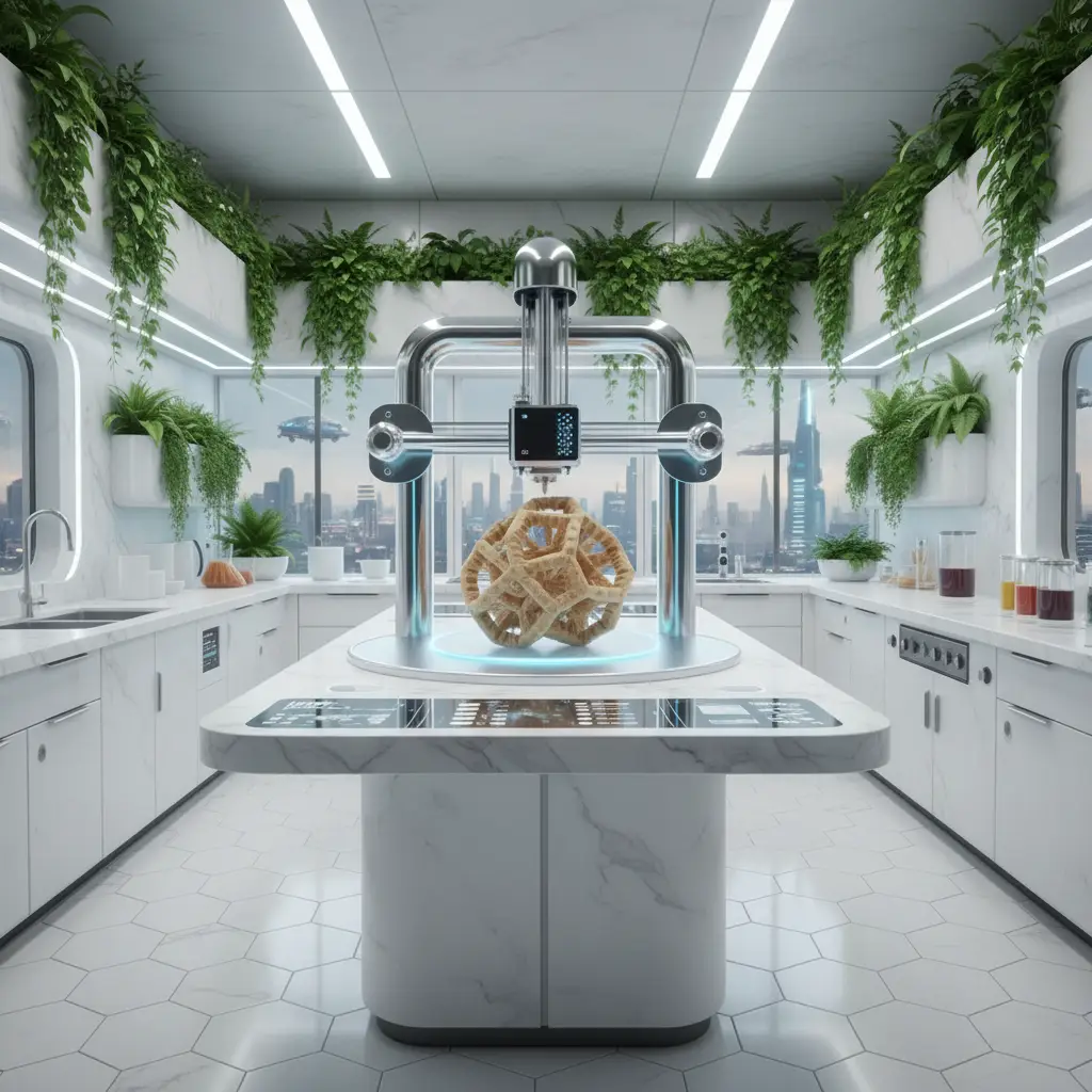 3D printed soy protein structure in a futuristic kitchen