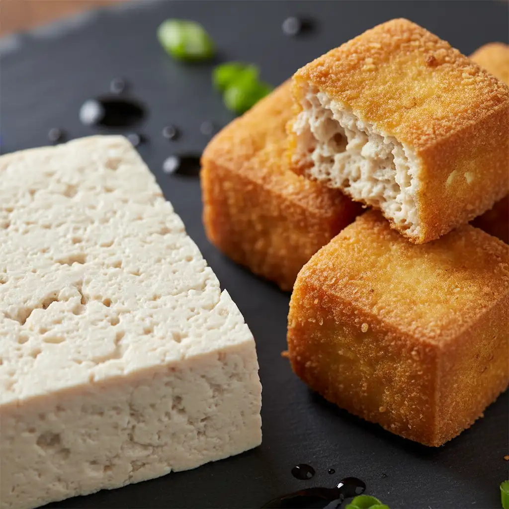 Macro comparison of raw tofu structure versus crispy fried tofu texture