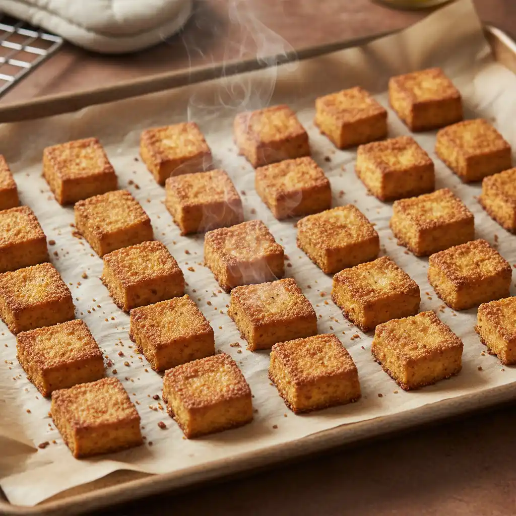 Oven baked crispy tofu on a baking sheet