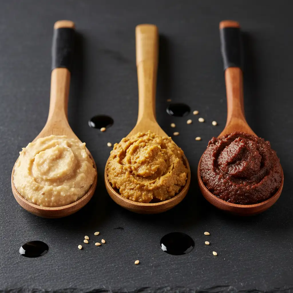 Varieties of miso paste on wooden spoons