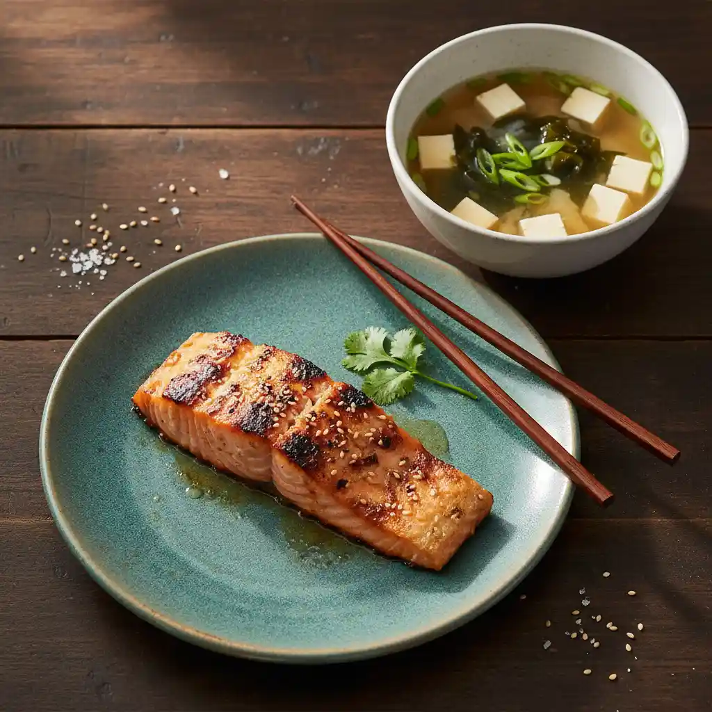 Miso glazed salmon and miso soup presentation