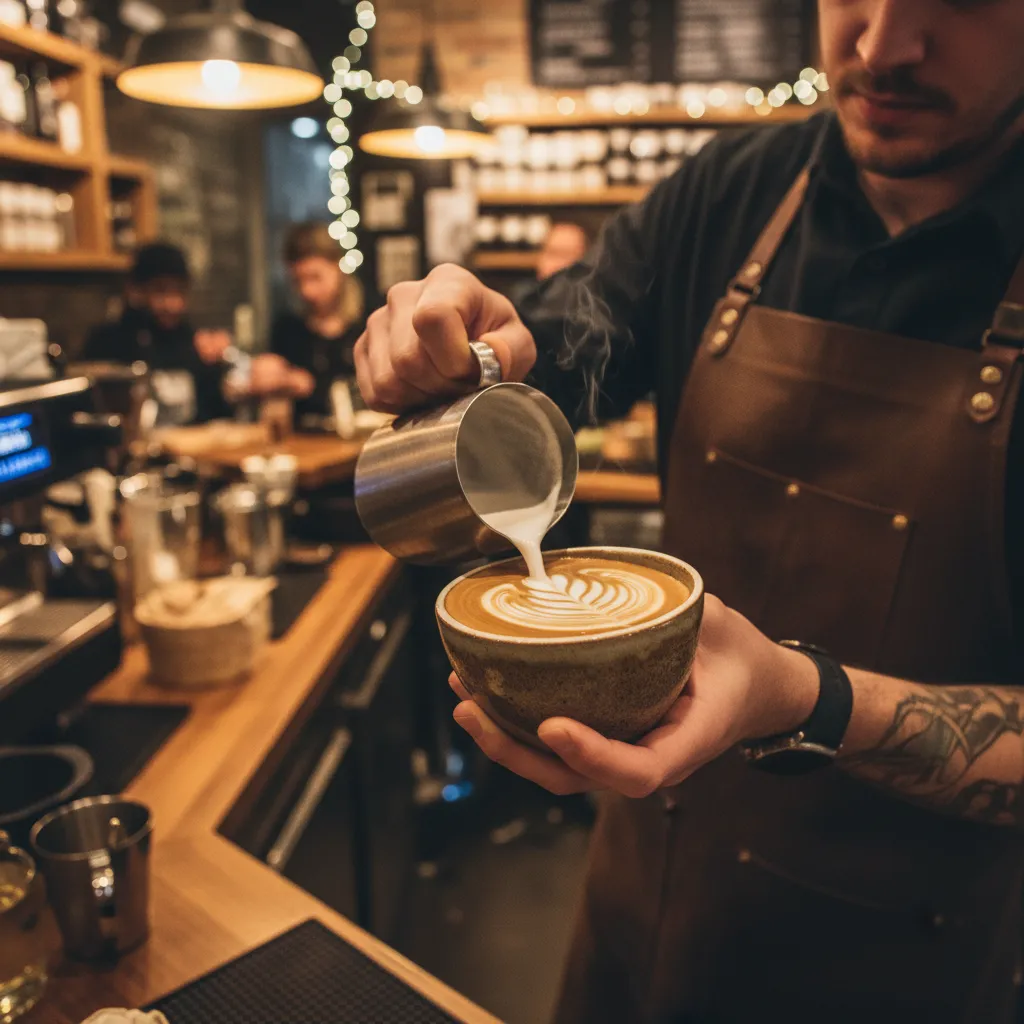 Barista pouring soy milk latte art