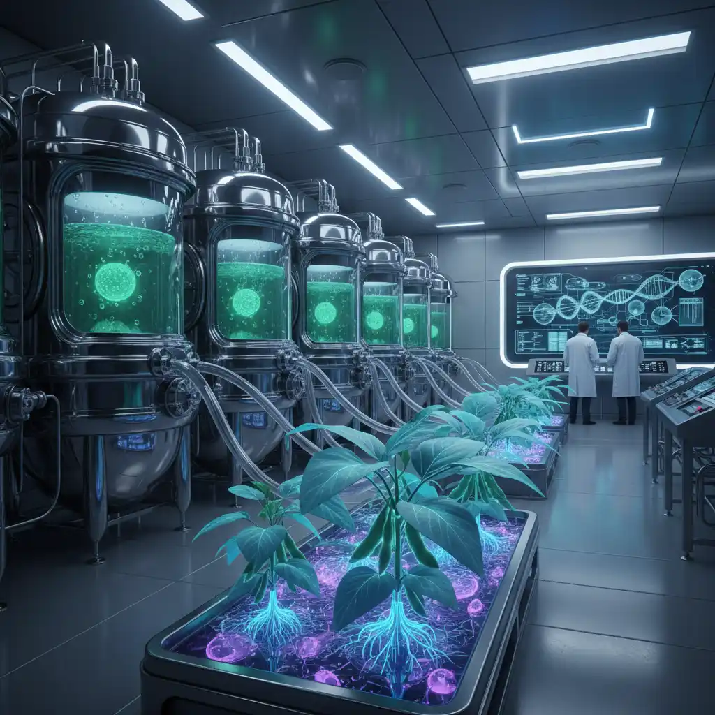 Bioreactors and soy plants illustrating precision fermentation technology