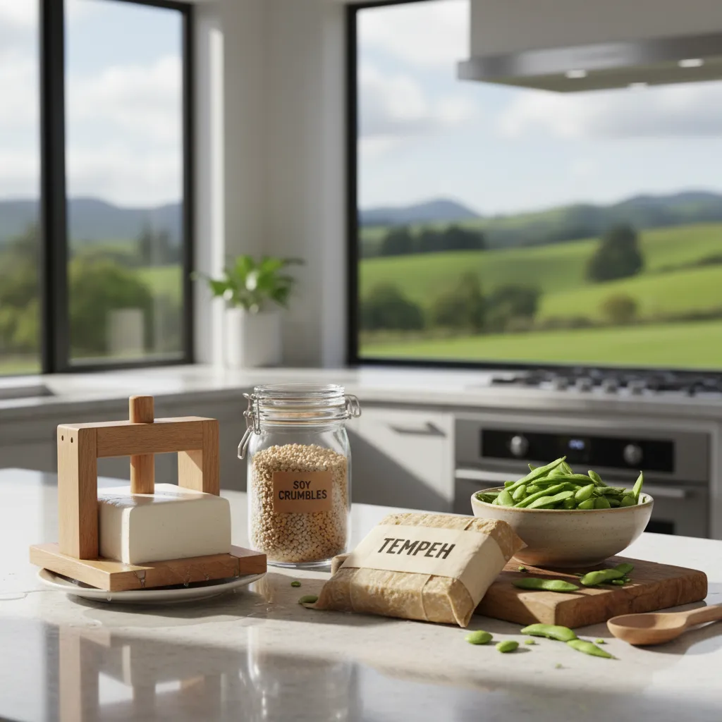 Assorted soy proteins for meal prep including tofu, TVP, and tempeh